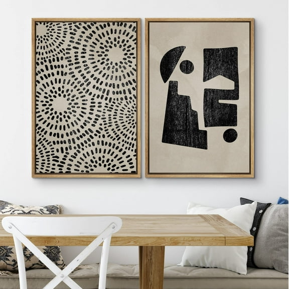 IDEA4WALL 2pcs Framed Canvas Art Wall Decor Black Tan Geometric Spiral Polygons Prints Abstract Shapes Illustrations Modern Art Contemporary Minimal for Dorm Home Office - 24"x36" Natural