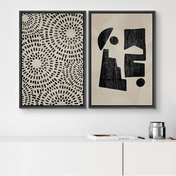 IDEA4WALL 2pcs Framed Canvas Art Wall Decor Black Tan Geometric Spiral Polygons Prints Abstract Shapes Illustrations Modern Art Contemporary Minimal for Dorm Home Office - 16"x24" Black