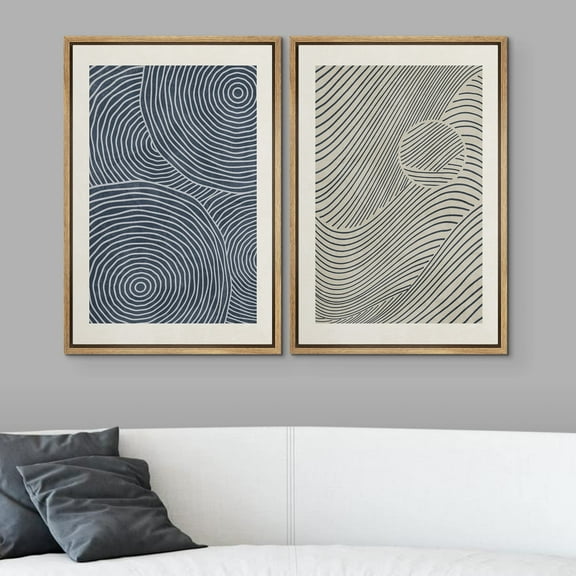 IDEA4WALL 2pcs Framed Canvas Art Wall Decor Blue & Tan Wave Nordic Geometric Prints Abstract Shapes Illustrations Modern Art Minimal Bohemian for Dorm Home Office - 16"x24" Natural