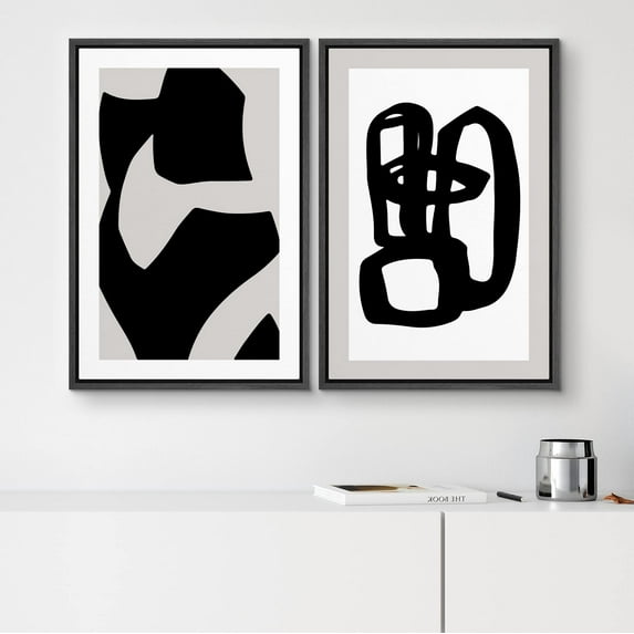 IDEA4WALL 2pcs Framed Canvas Art Wall Decor Geometric Black Paint Stroke Circles Pattern Prints Abstract Shapes Illustrations Modern Art Contemporary for Dorm Home Office - 24"x36" Black