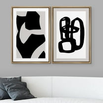 IDEA4WALL 2pcs Framed Canvas Art Wall Decor Geometric Black Paint Stroke Circles Pattern Prints Abstract Shapes Illustrations Modern Art Contemporary for Dorm Home Office - 16"x24" Natural