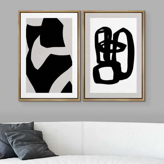 IDEA4WALL 2pcs Framed Canvas Art Wall Decor Geometric Black Paint Stroke Circles Pattern Prints Abstract Shapes Illustrations Modern Art Contemporary for Dorm Home Office - 16"x24" Natural