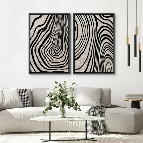 IDEA4WALL 2pcs Framed Canvas Art Wall Decor Geometric Spiral Tree Rings Pattern Prints Black & Beige Abstract Shapes Illustrations Modern Art Contemporary for Dorm Home Office - 24"x36" Black