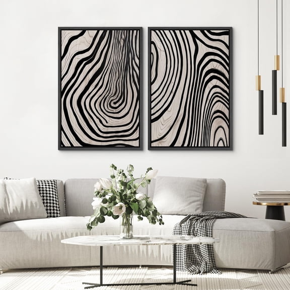 IDEA4WALL 2pcs Framed Canvas Art Wall Decor Geometric Spiral Tree Rings Pattern Prints Black & Beige Abstract Shapes Illustrations Modern Art Contemporary for Dorm Home Office - 16"x24" Black