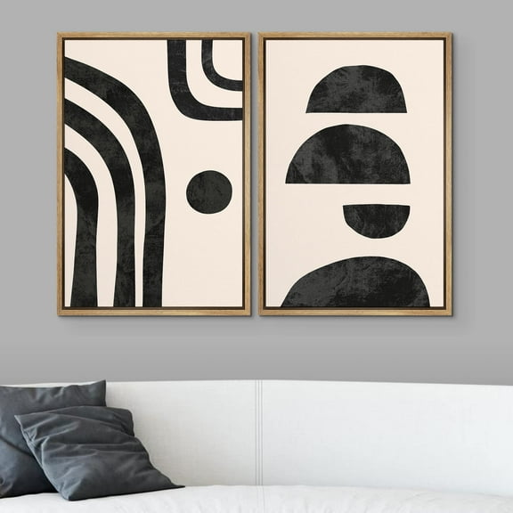 IDEA4WALL 2pcs Framed Canvas Art Wall Decor Mid-Century Black Semi Circle Polygons Pattern Prints Abstract Shapes Illustrations Modern Art Contemporary for Dorm Home Office - 24"x36" Natural
