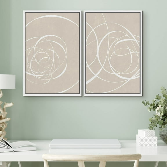 IDEA4WALL 2pcs Framed Canvas Art Wall Decor White Tan Geometric Spiral Collage Abstract Shapes Modern Art Minimalism Decorative Bohemian Prints for Dorm Home Office - 16"x24" White