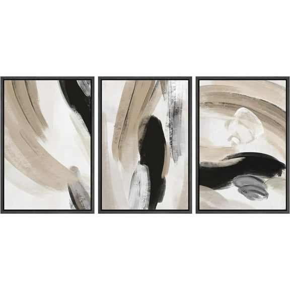 IDEA4WALL 3 Panels Framed Canvas Print Wall Art Set Duotone Black Tan Paint Strokes Abstract Shapes Illustration Modern Art Decorative Nordic Artwork Housewarming - 16"x24"x3 Panels Black