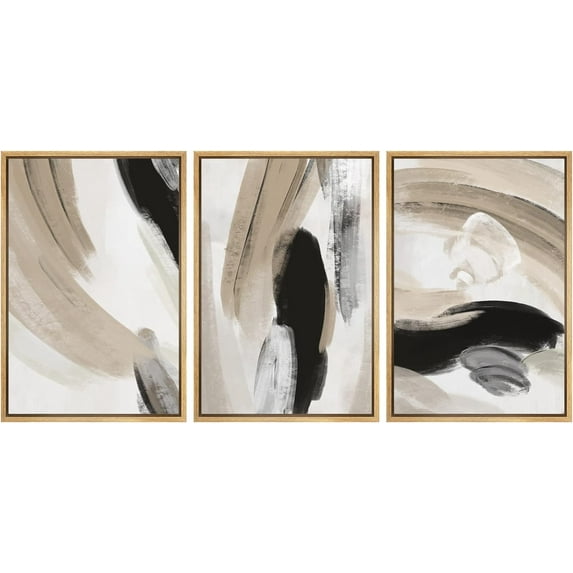 IDEA4WALL 3 Panels Framed Canvas Print Wall Art Set Duotone Black Tan Paint Strokes Abstract Shapes Illustration Modern Art Decorative Nordic Artwork Housewarming - 16"x24"x3 Panels Natural