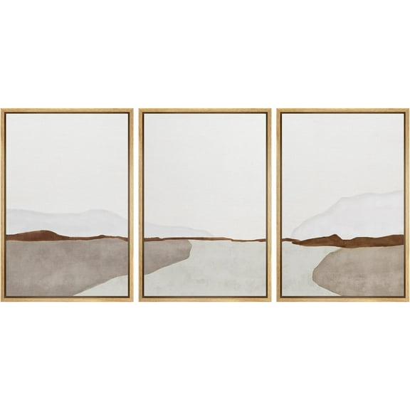 IDEA4WALL 3 Panels Framed Canvas Print Wall Art Set Pastel Mountain Valley Landscape Abstract Shapes Illustration Modern Art Decorative Nordic Artwork Housewarming - 16"x24"x3 Panels Natural
