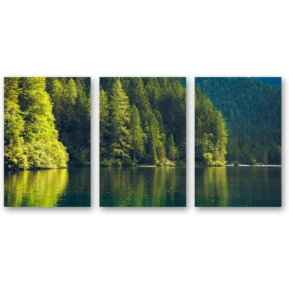 IDEA4WALL 3 Piece Landscape Canvas Prints Wall Art Green Forest Mountain and Lake - 16"x24"x3 Panels