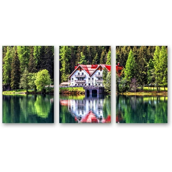 IDEA4WALL 3 Piece Landscape Canvas Prints Wall Art Green Forest Mountain and Lake - 16"x24"x3 Panels