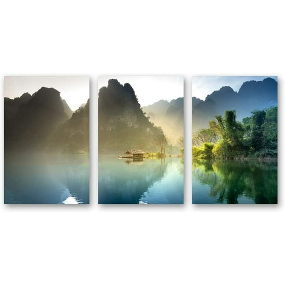 IDEA4WALL 3 Piece Landscape Canvas Prints Wall Art Green Forest Mountain and Lake - 24"x36"x3 Panels