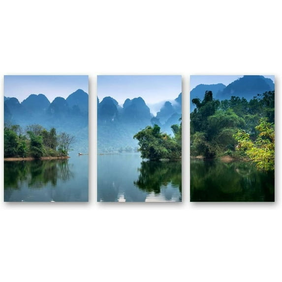 IDEA4WALL 3 Piece Landscape Canvas Prints Wall Art Green Forest Mountain and Lake - 24"x36"x3 Panels