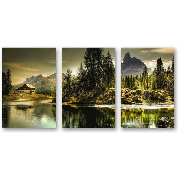 IDEA4WALL 3 Piece Landscape Canvas Prints Wall Art Green Forest Mountain and Lake - 24"x36"x3 Panels