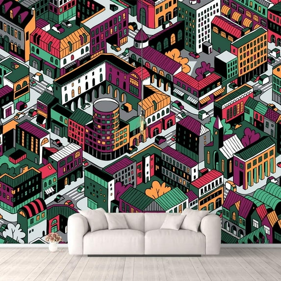 IDEA4WALL 4pcs City Illustration Peel and Stick Wallpaper Removable Wall Murals Large Wall Stickers for Home Decoration, 66"x24"