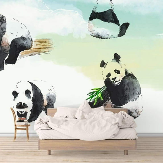 IDEA4WALL 4pcs Watercolor Panda Peel and Stick Wallpaper Removable Wall Murals Large Wall Stickers for Home Decoration, 66"x24"