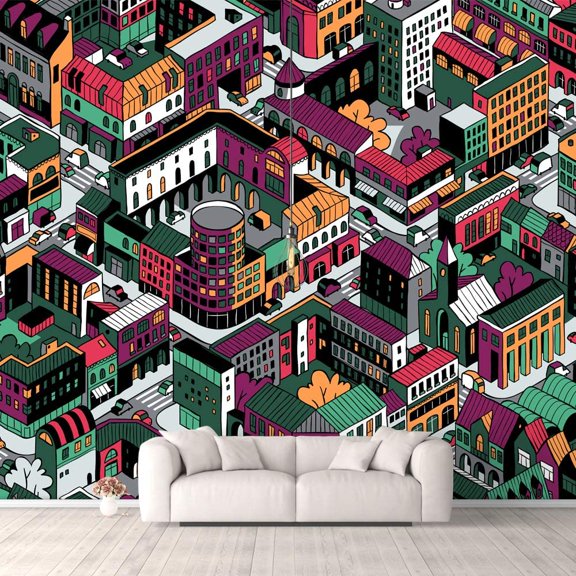 IDEA4WALL 6pcs City Illustration Peel and Stick Wallpaper Removable Wall Murals Large Wall Stickers for Home Decoration, 100"x24"