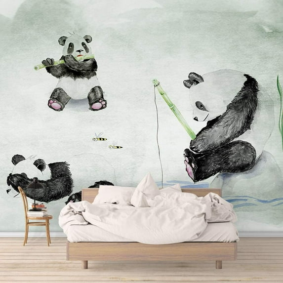 IDEA4WALL 6pcs Watercolor Panda Peel and Stick Wallpaper Removable Wall Murals Large Wall Stickers for Home Decoration, 100"x24"
