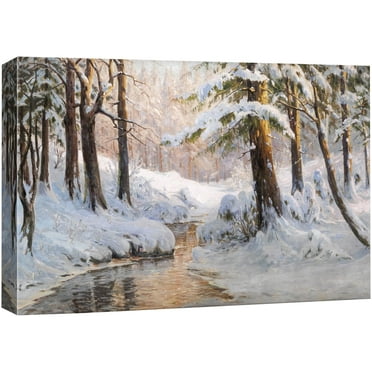 IDEA4WALL Adhesive Canvas Wall Art Frozen Tree Trunks & River in Winter Landscape Art Rustic Nature Wilderness Forest Scenery Print Relax/Calm for Living Room, Bedroom, Office - 24"x36"