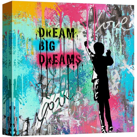 IDEA4WALL Canvas Print Wall Art Dream Big Dream Banksy Urban Spray Paint Graffiti & Street Art Abstract Illustrations Modern Art Decorative Bohemian Multicolor for Rooms - 16"x16"