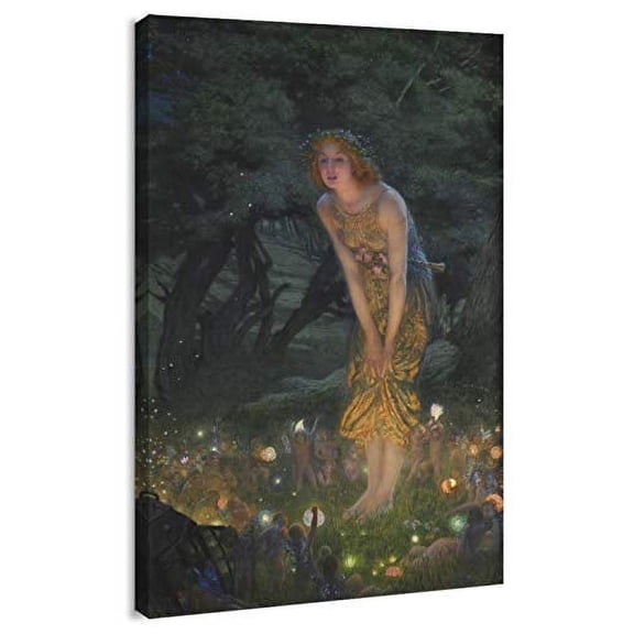 IDEA4WALL Canvas Print Wall Art - Fairy Tale Midsummer Eve with a Girl and Elves by Edward Robert Hughes - Ancient Greece Retro Painting for Home Decor - 16"x24"