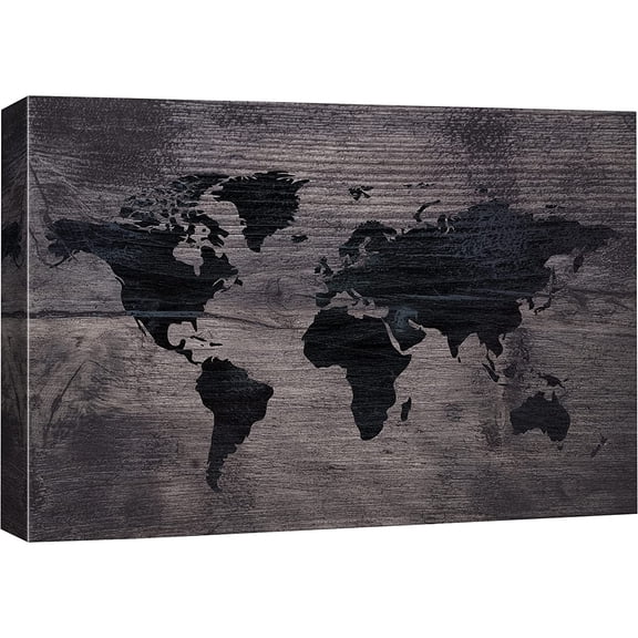 IDEA4WALL Canvas Wall Art Black World Atlas Map on Dark Brown Wood Panel Places Country Mixed Media Realism Global Urban for Living Room, Bedroom, Office - 32"x48"