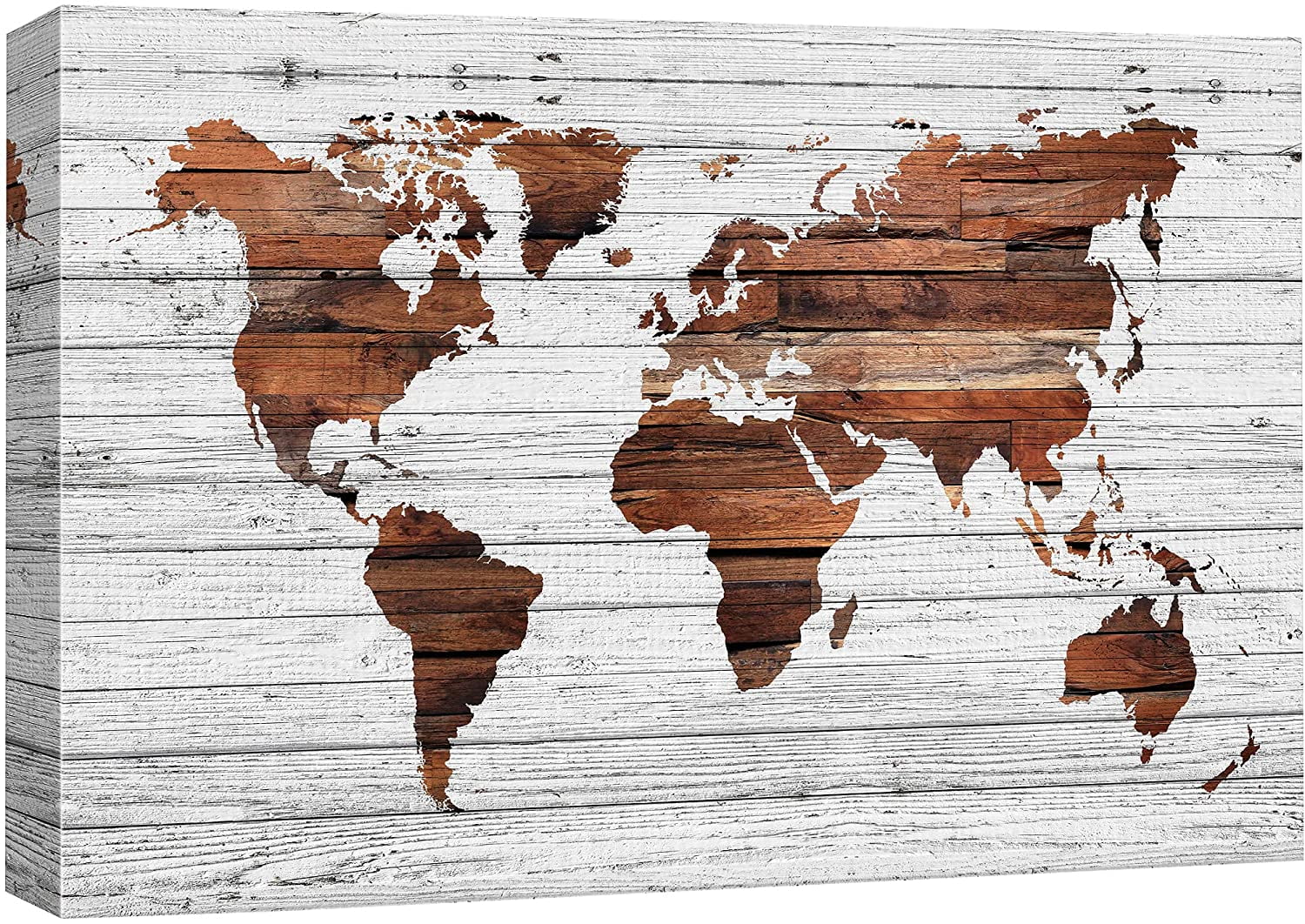 IDEA4WALL Canvas Wall Art Brown World Atlas Map on White Wood Panel ...
