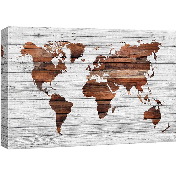 IDEA4WALL Canvas Wall Art Brown World Atlas Map on White Wood Panel Places Country Mixed Media Realism Global Urban for Living Room, Bedroom, Office - 12"x18"