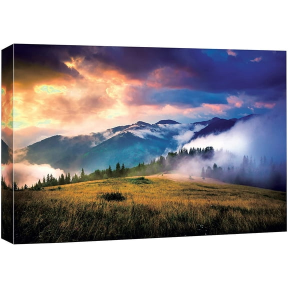 IDEA4WALL Canvas Wall Art Orange, Purple Sunset Over Blue Skyline, Foggy Mountain and Valley Landscape Wilderness Photography Realism Traditional Scenic for Living Room, Bedroom, Office - 12"x18"