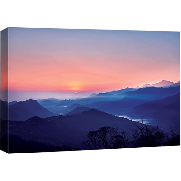 IDEA4WALL Canvas Wall Art Pink Sunset Over Purple Skyline and Blue Mountains and Valleys Landscape Wilderness Photography Realism Traditional Scenic for Living Room, Bedroom, Office - 12"x18"