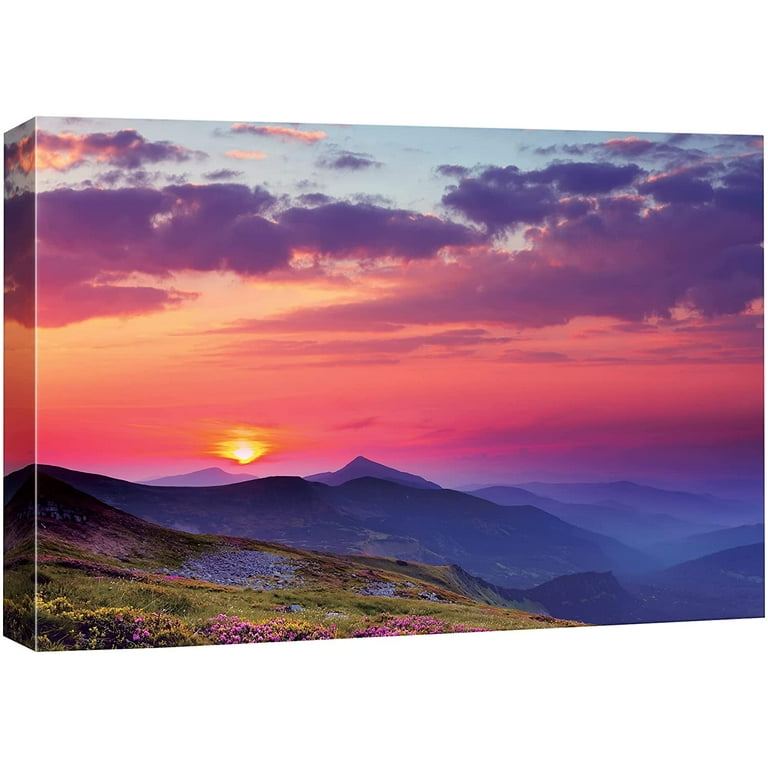 IDEA4WALL Canvas Wall Art Red, Orange Sunset Over Purple Skyline