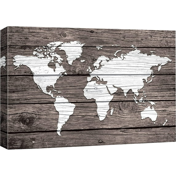 IDEA4WALL Canvas Wall Art White World Atlas Map on Dark Brown Wood Panel Places Country Mixed Media Realism Global Urban for Living Room, Bedroom, Office - 24"x36"