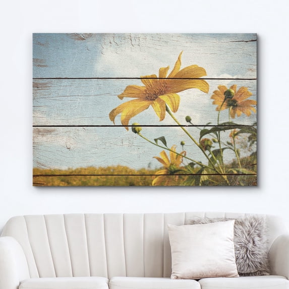IDEA4WALL Canvas Wall Art Wall Art Yellow Wildflower Field on Retro Wood Panels Nature Floral Digital Art Modern Print Rustic Scenic for Living Room, Bedroom, Office - 24"x36"