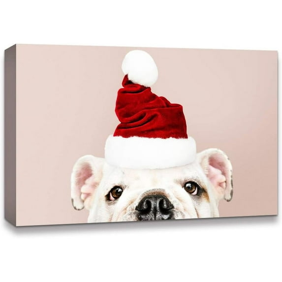IDEA4WALL Christmas Bulldog with Santa Hat - Wall Art Canvas Print Decor Painting Artwork for Home 16"x24"
