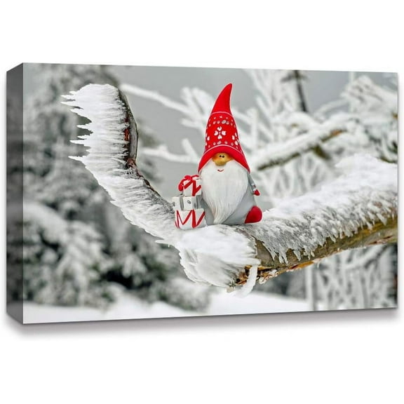 IDEA4WALL Christmas Gnomes Scandinavian Nordic Tomte Snow Elf Standing On The Frozen Tree Branch - Wall Art Canvas Print Decor Painting Artwork for Home 24"x36"