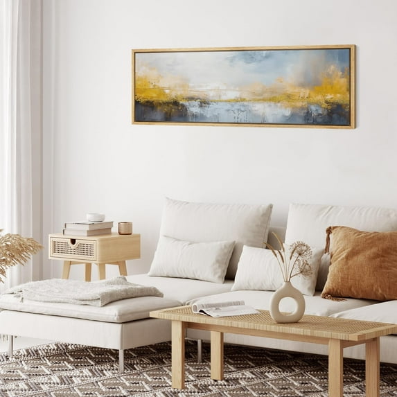 IDEA4WALL Extra Large Framed Canvas Print Wall Art Abstract Lakeside Gold and Blue Watercolor Fine Art Antique Wall Decorative Horizon Nature Wilderness Artwork Relax/Calm for Rooms - 60"x20"