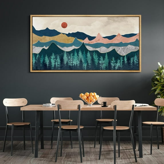 IDEA4WALL Extra Large Framed Canvas Print Wall Art Abstract Mountain Range with Red Sun Landscape Artwork Nature Vintage Pastel Antique Fine Art Decorative Relax/Calm for Rooms Decor - 60"x30"