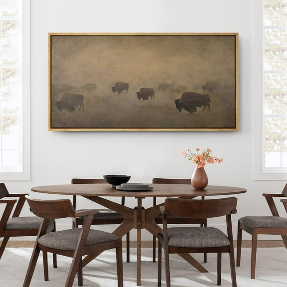 IDEA4WALL Extra Large Framed Canvas Print Wall Art Bison Herd Fine Art Moody Landscape with Buffalo Silhouettes in Mist Wall Decor Oversized Artwork for Living Room - 60"x30"