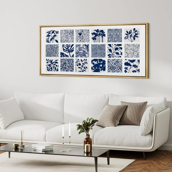 IDEA4WALL Extra Large Framed Canvas Print Wall Art Blue Botanical Elegant Floral Classic Art Vintage Wildflowers Pattern Wall Decor Oversized Artwork Relax/Calm for Living Room - 60"x30"