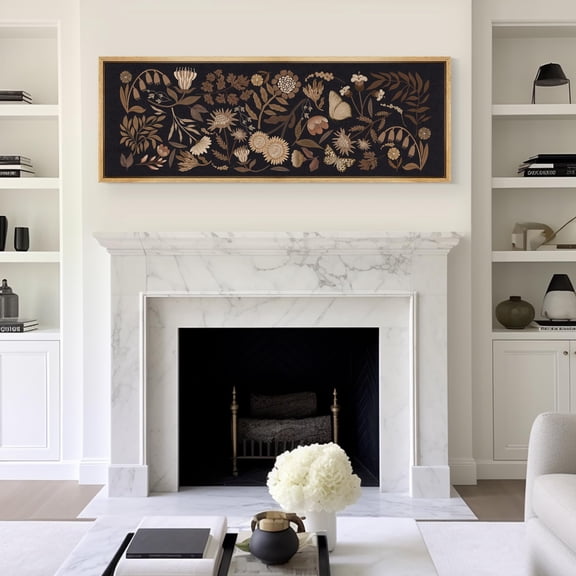 IDEA4WALL Extra Large Framed Canvas Print Wall Art Botanical Elegance Dark Floral Pattern Artwork Nature Vintage Inspired Pastel Antique Fine Art Decorative Relax/Calm for Rooms Decor - 60"x20"