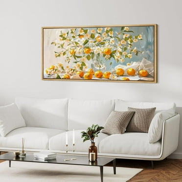 IDEA4WALL Extra Large Framed Canvas Print Wall Art Bright Still Life with Orange Blossoms and Citrus Fruits Illustrations Urban Fine Art Oversized Artwork Relax/Calm for Living Room - 60"x30"