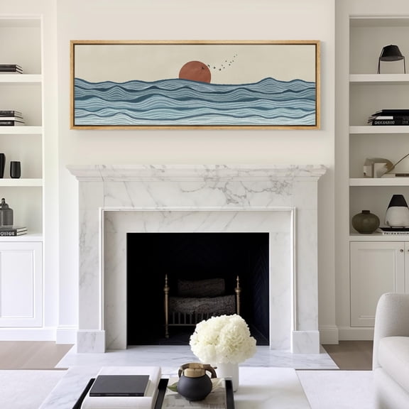 IDEA4WALL Extra Large Framed Canvas Print Wall Art Calm Seascape Ocean Waves and Setting Sun Fine Art Nature Classic Pastel Artwork Abstract Wall Decoration Relax/Calm for Living Room - 60"x20"