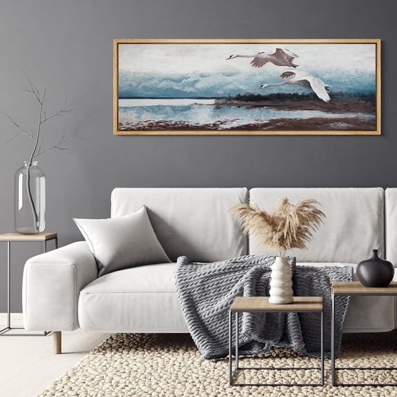 IDEA4WALL Extra Large Framed Canvas Print Wall Art Coastal Flight Serene Beachscape with Flying Swans Nature Scenery Antique Retro Fine Art Animal Decorative for Home Decoration - 60"x20"