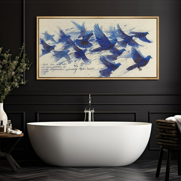 IDEA4WALL Extra Large Framed Canvas Print Wall Art Elegant Flight Vibrant Blue Birds Illustrations Impressionist Animal Wall Decorative Oversized Artwork Relax/Calm for Living Room - 60"x30"