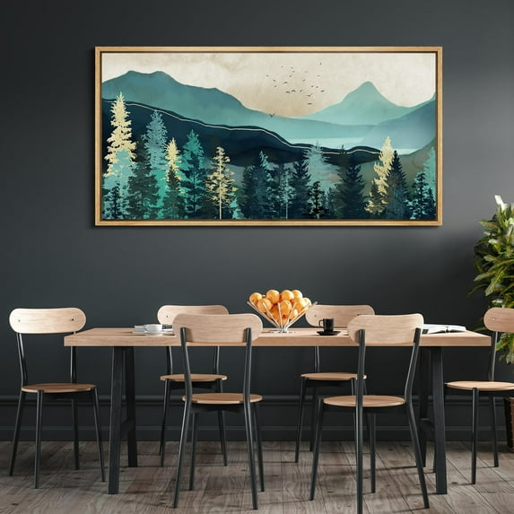 IDEA4WALL Extra Large Framed Canvas Print Wall Art Elegant Forest and Mountain Panoramic Landscape Artwork Nature Vintage Inspired Pastel Antique Fine Art Decor Relax/Calm for Rooms Decor - 60"x30"