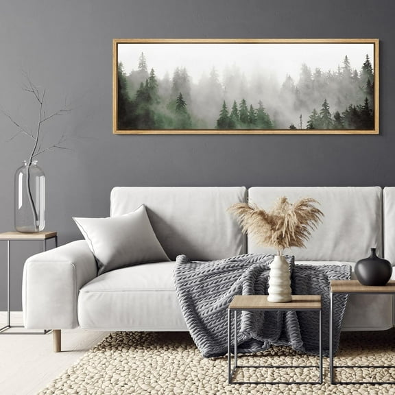 IDEA4WALL Extra Large Framed Canvas Print Wall Art Enchanted Forest in Mist Artwork Nature Wilderness Antique Retro Fine Art Decorative Relax/Calm for Home Decoration - 60"x20"