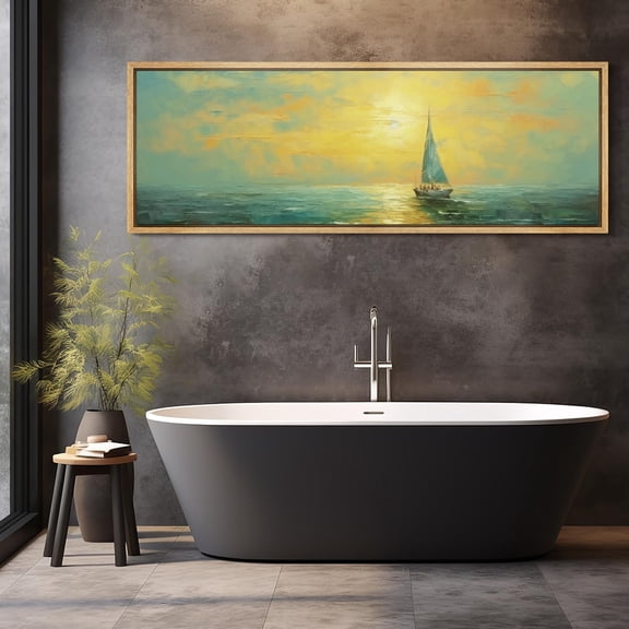 IDEA4WALL Extra Large Framed Canvas Print Wall Art Golden Sail Sunset Ocean Voyage Illustrations Inspired Seascape Antique Retro Fine Art Oversized Artwork Relax/Calm for Living Room - 60"x20"