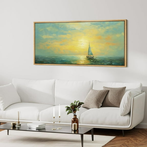 IDEA4WALL Extra Large Framed Canvas Print Wall Art Golden Sail Sunset Ocean Voyage Illustrations Inspired Seascape Antique Retro Fine Art Oversized Artwork Relax/Calm for Living Room - 60"x30"
