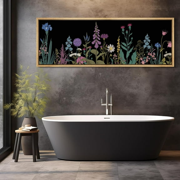 IDEA4WALL Extra Large Framed Canvas Print Wall Art Midnight Botanicals Vibrant Wildflower Silhouette Artwork Nature Wilderness Fine Art Decor Antique Painting for Home Decoration - 60"x20"