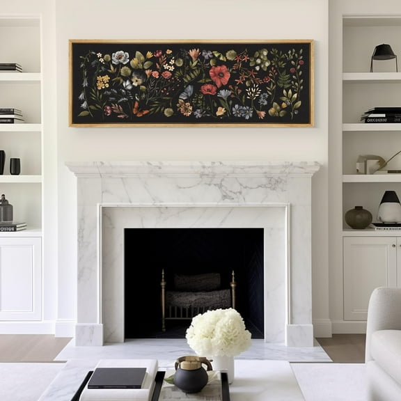 IDEA4WALL Extra Large Framed Canvas Print Wall Art Midnight Garden Vintage Floral Pattern Artwork Nature Vintage Pastel Colorful Fine Art Decorative Relax/Calm for Rooms Decor - 60"x20"